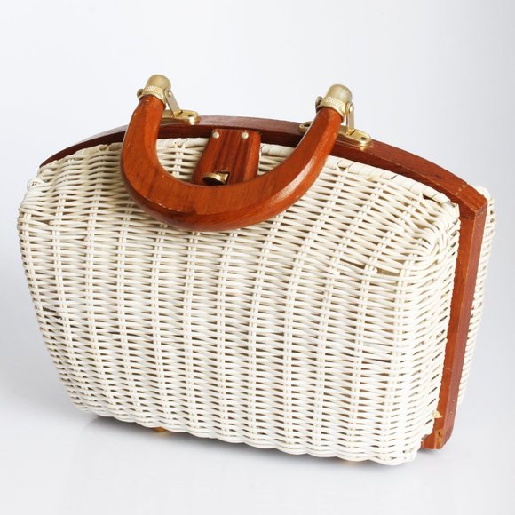 Simon Mr. Ernest White Wicker Bag with Brown Wood Trim Purse 60s Retro - Picture 5 of 10